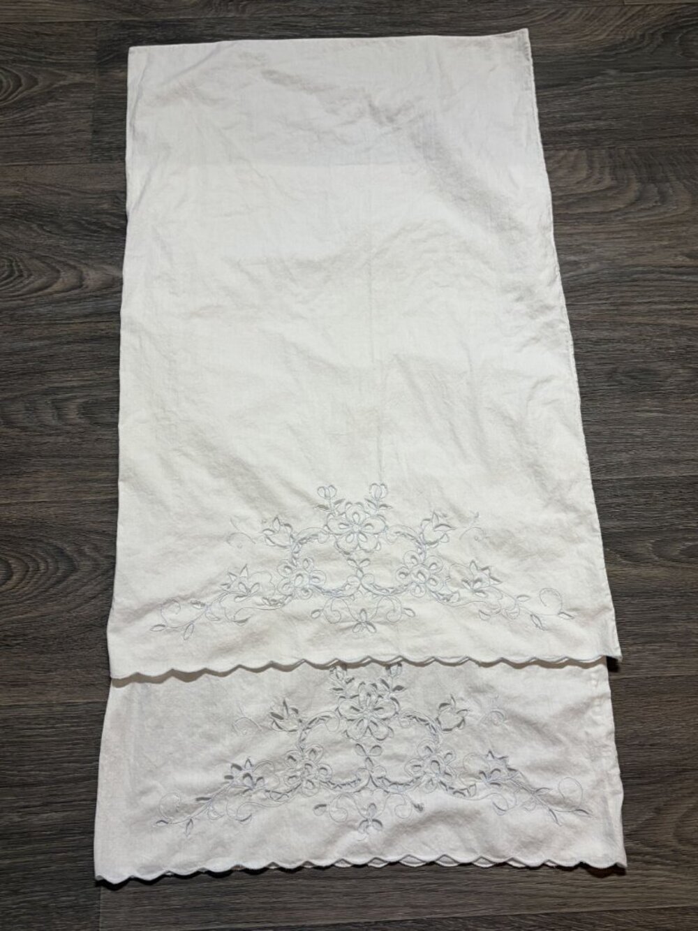 Vintage White Pillowcase Scalloped Edge Floral Embroidery Standard Queen Set of